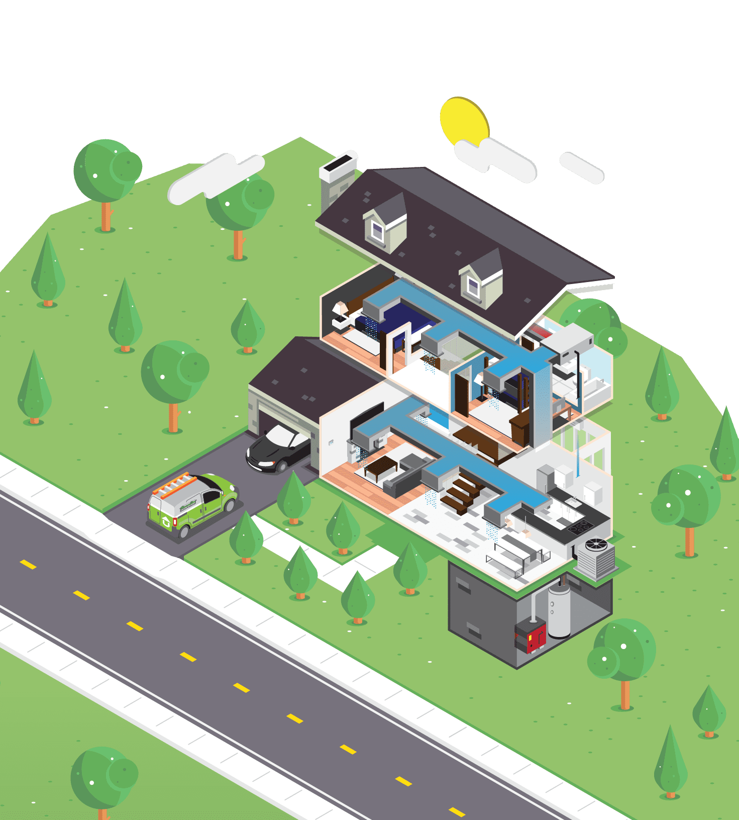 Illustration of an expanded Summer home showing how air flows within